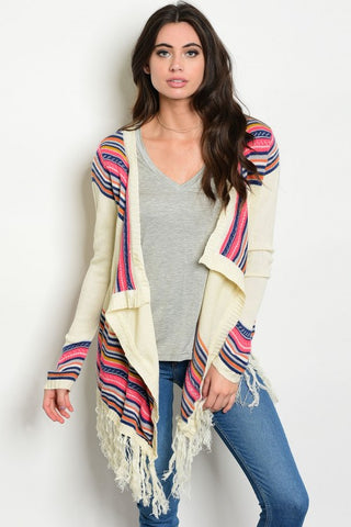 Misses Ivory and Pink Sweater Cardigan with Fringe