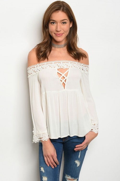 Misses Ivory White Off Shoulder Lace Accent Top