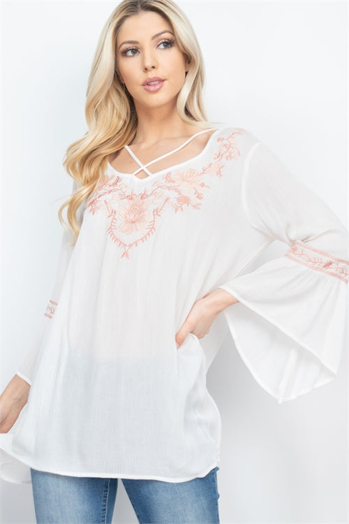 Ivory Embroidered Bell Sleeve Boho Top