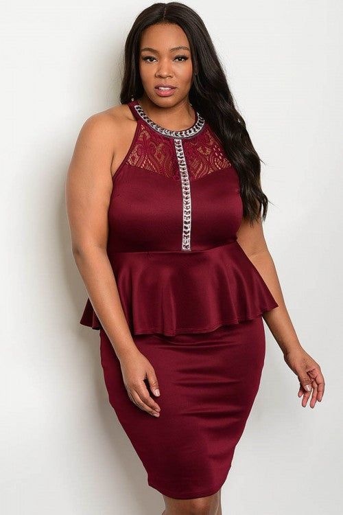 Women's Plus Size Burgundy Jeweled Peplum Dress with Lace Accents
