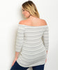 Women's Plus Size Light Gray and White Striped Off Shoulder Top