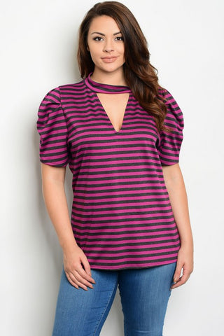 Magenta Pink and Charcoal Gray Striped Plus Top