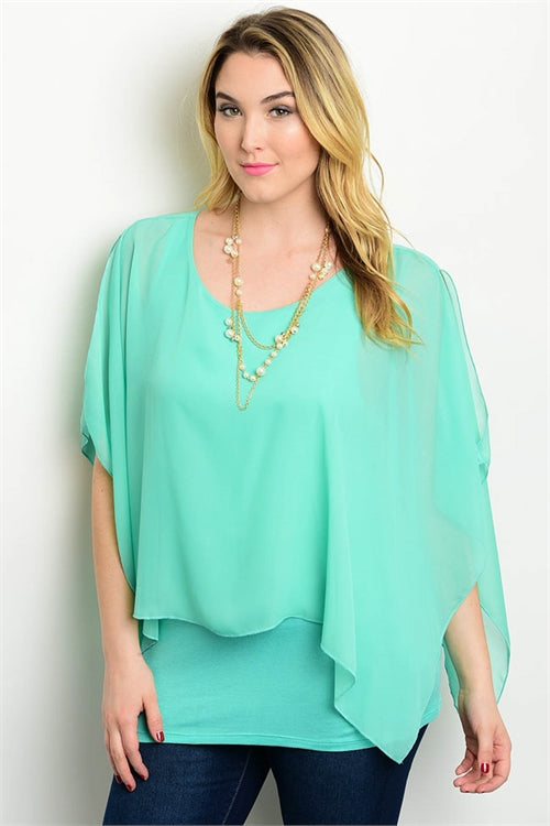 Mint Green Cutout Batwing Sleeve Relaxed Fit Plus Size Top