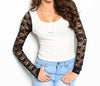Misses Ivory Top with Black Lace Sleeves
