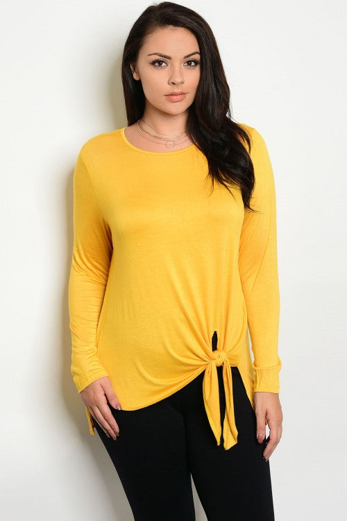 Mustard Yellow Long Sleeve Tie Accent Plus Size Top