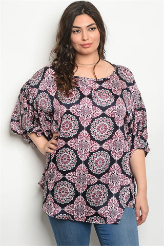 Navy Blue and Pink Abstract Print Plus Size Tunic Top
