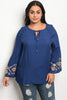 Navy Blue Embroidered Bell Sleeve Plus Size Top