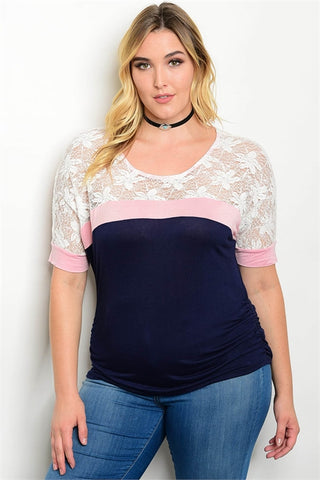 Navy Blue Pink and White Lace Plus Size Top