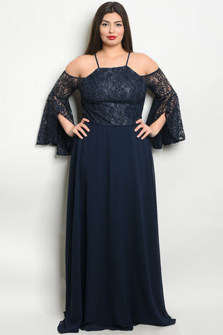Navy Blue Lace Bell Sleeve Plus Size Evening Gown