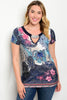Women's Plus Size Blue and Pink Jeweled Top