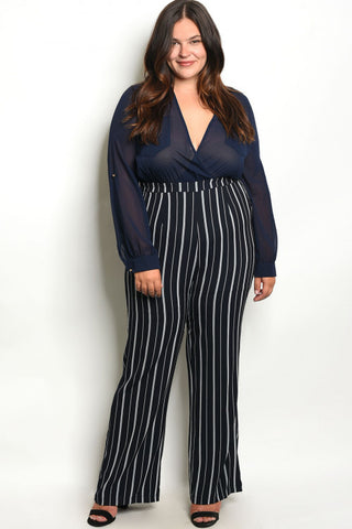 Navy Blue and White Stripe Plus Size Jumpsuit