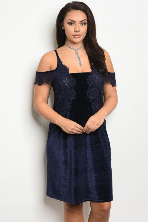 Navy Blue Velvet Plus Size Cocktail Dress with Lace Details