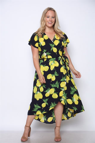 Navy Blue Lemon Print High Low Plus Size Maxi Dress