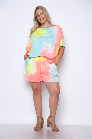 Neon Yellow and Pink Tie Dye Plus Size Romper