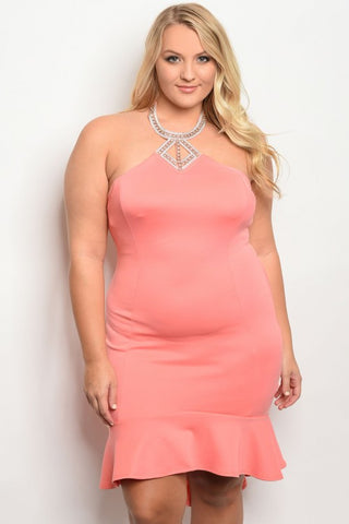Peach Mermaid Cut Jeweled Bodycon Plus Size Dress