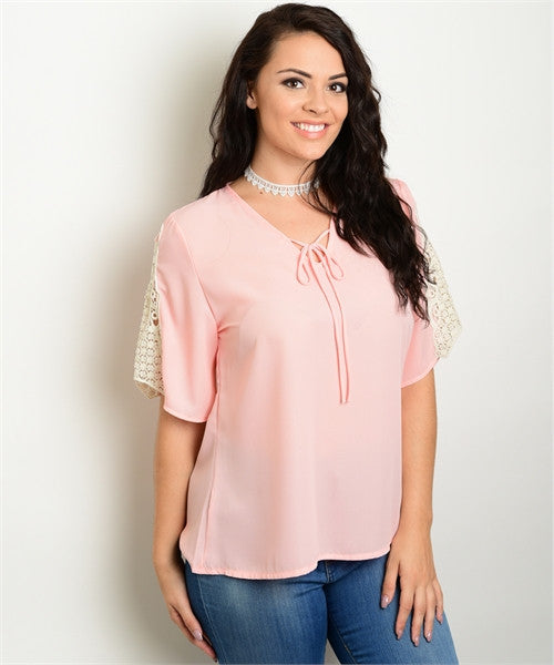 Women's Plus Size Peach Chiffon Top with Crocheted Lace Sleeves