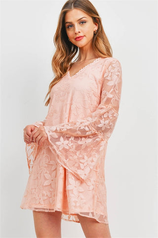 Peach Lace Overlay Bell Sleeve Shift Dress