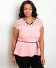 Women's Plus Size Pink Peplum Top with Belt and Lace Accents