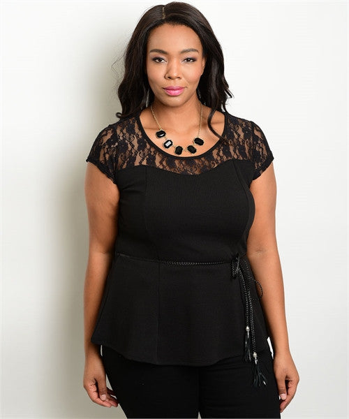 Women's Plus Size Black Peplum Top with Belt and Lace Accents