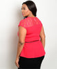 Women's Plus Size Red Peplum Top with Belt and Lace Accents