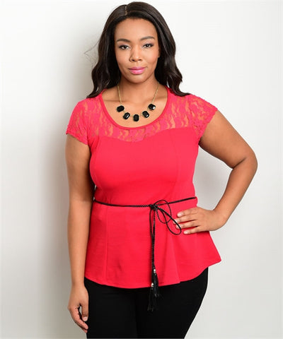 Women's Plus Size Red Peplum Top with Belt and Lace Accents
