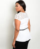 Women's Plus Size White Peplum Top with Belt and Lace Accents