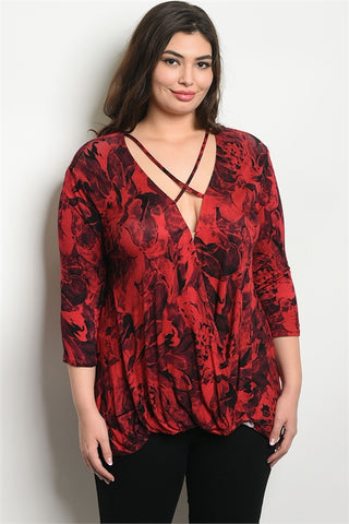Red and Black Floral Plus Size Tunic Top