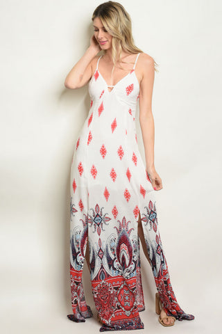 Red and White Print Maxi Dress