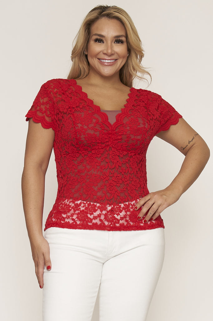 Red Lace Overlay Plus Size Top