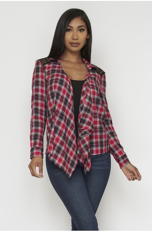 Red Plaid Open Front Cardigan