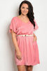 Rose Pink Short Sleeve Plus Size Belted Dress