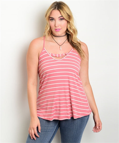 Women's Plus Size Rose Pink and White Racer Back Tank Top