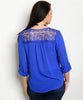 Women's Plus Size Royal Blue Chiffon Top with Lace Accents