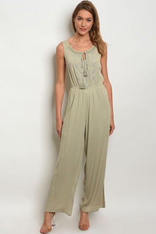 Sage Green Embroidered Accent Jumpsuit
