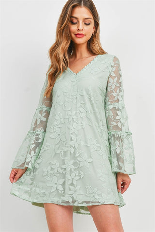 Sage Green Lace Overlay Bell Sleeve Shift Dress
