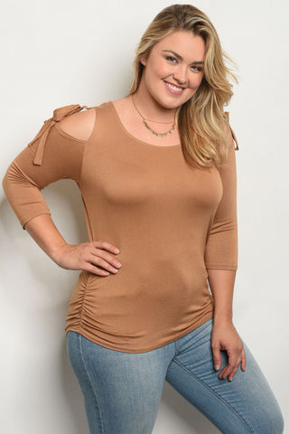 Taupe Brown Cold Shoulder Tie Accent Plus Size Top
