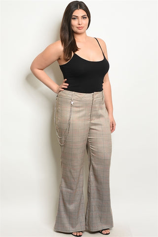 Taupe Checkered Wide Leg Plus Size Pants