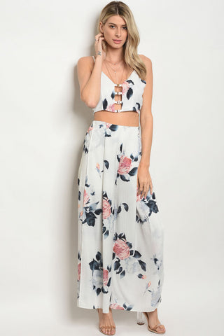 Pink and White Floral Crop Top and Wide Leg Pants Set