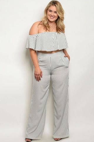 Ivory White Pinstripe Crop Top and Wide Leg Pants Set