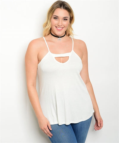Women's Plus Size Ivory Ribbed Tank Top with Zipper Accent