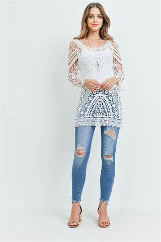 Crocheted Lace Overlay Cowl Neck Bohemian Top