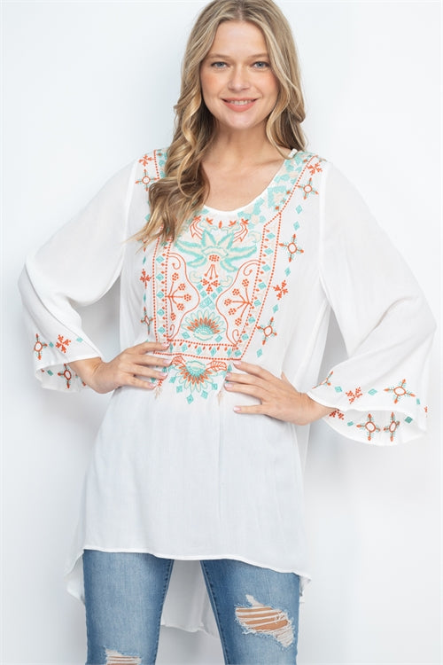 White Multi Color Bohemian High Low Tunic Top
