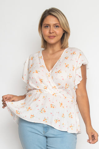 Ivory White Plus Size Floral Wrap Inspired Top