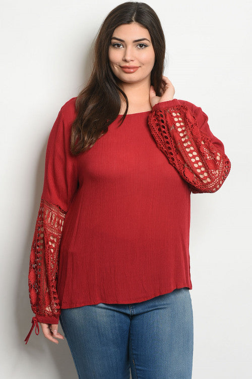 Wine Red Lace Accent Plus Size Tunic Top