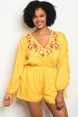 Yellow Ruffled Sleeve Embroidered Accent Plus Size Romper